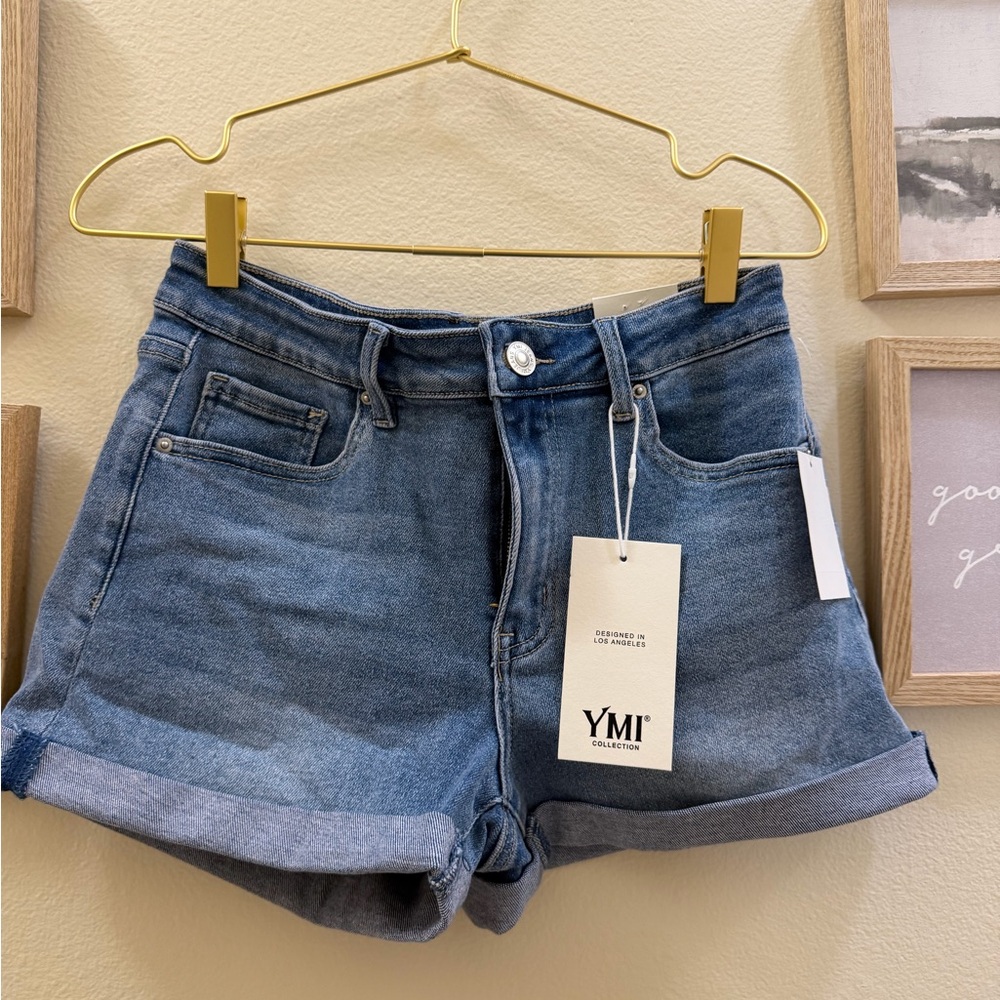 YMI Women's Blue Rolled-Hem Denim Shorts